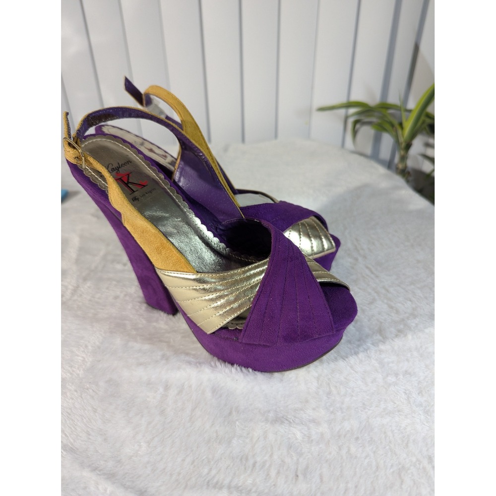 Kayleen Platform Sandals Women 8 Purple Gold Good Chunky Block Heel Slingback